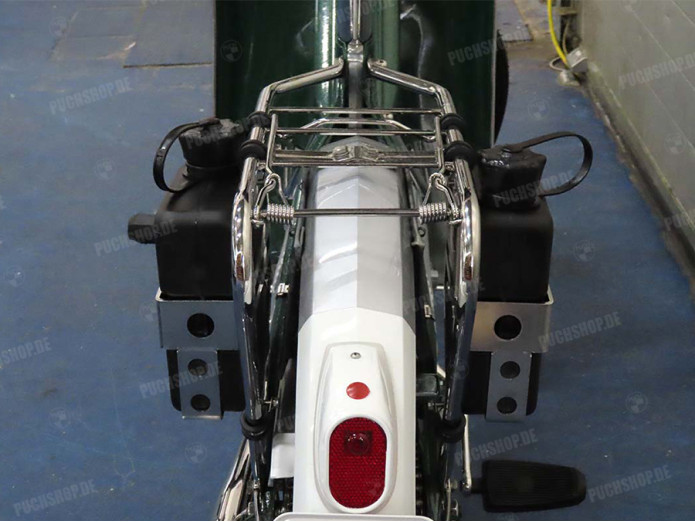 Bagagedrager achterdrager Puch Maxi N / K houder met FuelFriend jerrycan zwart links