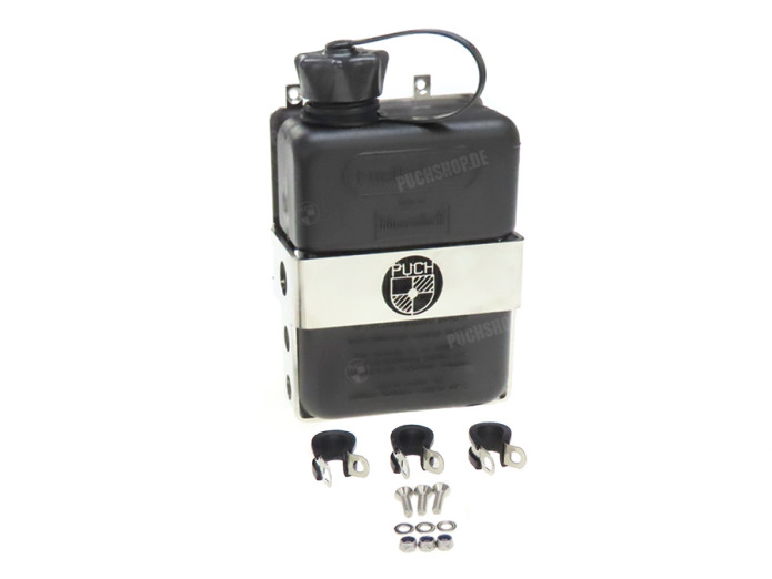 Bagagedrager achterdrager Puch Maxi N / K houder met FuelFriend jerrycan zwart links