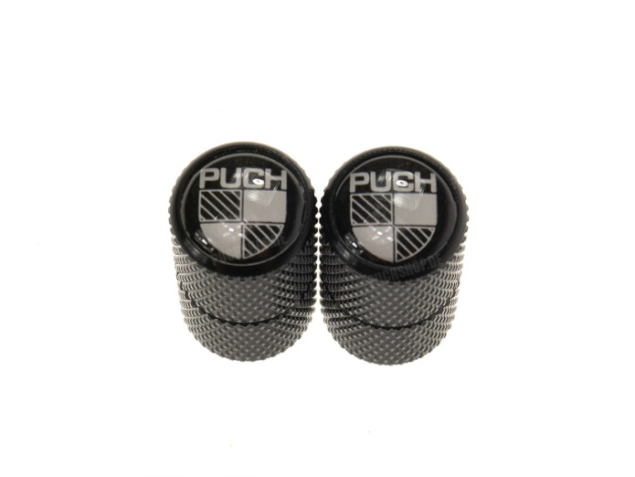 Ventieldopjes-set Alu zwart met Puch logo zwart / wit