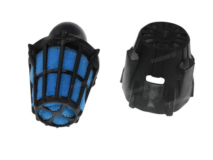 Luchtfilter 46mm schuim Polini Air Box haaks 90 graden zwart / blauw