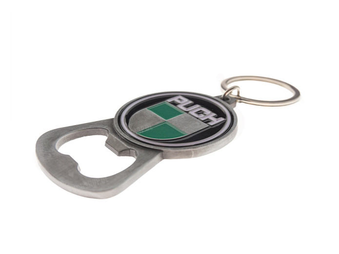 Schlüsselanhänger mit Flaschenöffner Metall Puch Logo