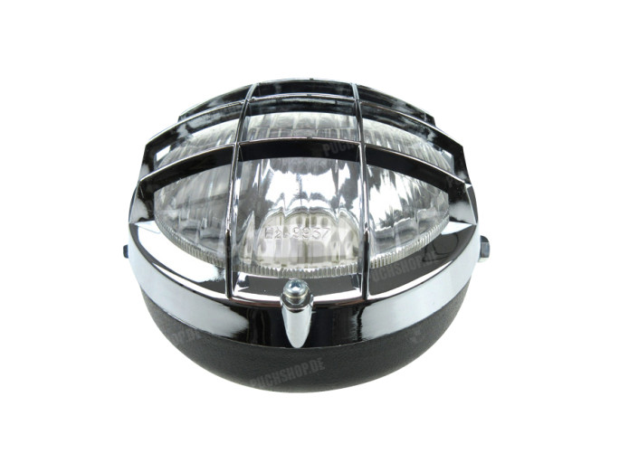 Headlight round 130mm cross with grill black with chrome (BA20D)